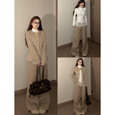 批发实价有货老钱风穿搭长袖毛呢外套女秋冬<b class='q'>蕾丝</b>打底衫休闲裤三件套