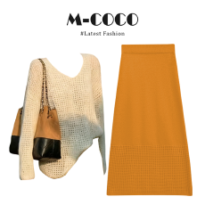 批发实价有货设计感浅黄色v领镂空<b class='q'>针织</b>毛衣2026春季拼接长裙两件套