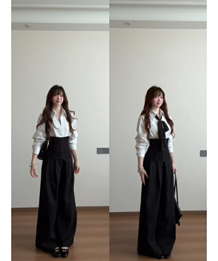 정가 재고 있음 빛 요리 한 셔츠 ootd 꼬집기 허리 슬림해 보이는 허리 맨위 이른 가을 품격 슬림해 보이는 캐주얼 바지 세트
