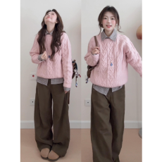 批发实价有货秋季新款粉色针织毛衣搭格子衬衫上衣女阔腿<b class='q'>休闲裤</b>套装
