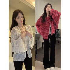批发实价有货小香风玫红色显白外套<b class='q'>女</b>气质<b class='q'>蕾丝</b>内搭微喇休闲裤三件套装