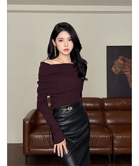 정가 재고 있음 품격 핫걸 보라색 오프숄더 니트 스웨터 여성 이른 가을 패션 Chic 기본 셔츠 긴팔 맨위