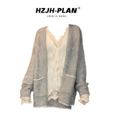 批发实价有货法式小香风灰色细闪针织衫<b class='q'>外套</b>蕾丝上衣女半身裙套装