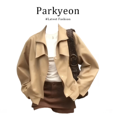 批发实价有货美式复古卡其色<b class='q'>英伦</b><b class='q'>风</b>短款翻领<b class='q'>风</b>衣外套女咖色裙裤套装