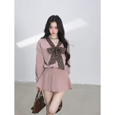 批发实价有货法式<b class='q'>条纹</b>长袖衬衫连衣裙秋季新款收腰显瘦通勤<b class='q'>短裙</b>