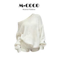 批发实价有货韩系慵懒风斜肩长袖针织毛衣2025秋冬季显瘦短<b class='q'>裤</b>两件套