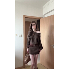 批发实价有货辣妹风露肩长袖针织连衣裙女秋冬新款收腰显瘦包臀<b class='q'>短</b>裙