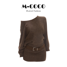 批发实价有货辣妹风露肩长袖针织连衣裙女秋冬新款收腰显瘦包臀<b class='q'>短</b>裙