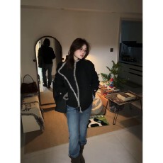 批发实价有货通勤宽松黑色短款长袖夹克外套女复古蓝色高腰休闲裤<b class='q'>套装</b>