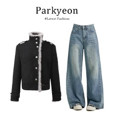 批发实价有货通勤宽松黑色短款长袖夹克外套女复古蓝色<b class='q'>高腰</b>休闲裤套装