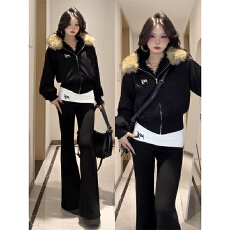 批发实价有货韩系休闲大毛领拉链外套上衣女百搭宽松拖地裤两件套