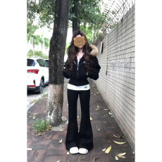 批发实价有货韩系休闲大毛领拉链外套上衣女百搭宽松拖地裤两件套