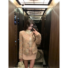 批发实价有货法式气质长袖外套内搭高领打底背心女粉色半身短裙套装