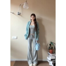 实价有货早秋坑条针织长袖外套内搭条纹背心抽绳垂感百搭长裤套装