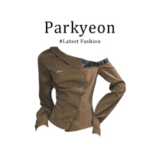 批发实价有货美式不规则<b class='q'>长袖</b>斜肩条纹衬衫女时尚气质修身显瘦上衣