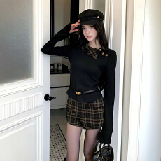 批发实价有货法式富家千金小香风格纹翻领长袖<b class='q'>T</b><b class='q'>恤</b>时尚短裙秋冬套<b class='q'>装</b>女