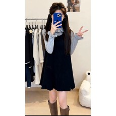 批发实价有货<b class='q'>日系</b>甜美圆领蝴蝶结连衣裙内搭木耳边长袖打底衫套装