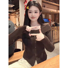 批发实价有货法式复古一字肩针织衫女秋冬季短款收腰毛衣<b class='q'>女士</b>上衣
