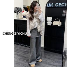 批发实价有货韩系羊羔毛坎肩马甲修身打底衫女2025秋冬<b class='q'>假两件</b>休闲裤