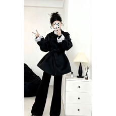 批发实价有货轻奢风<b class='q'>蕾丝</b>拼接毛呢外套女2025秋冬新款高级感系带大衣