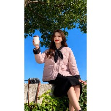 批发实价有货温柔风粉色拼接棉服外套女冬季新款保暖长袖棉衣棉袄