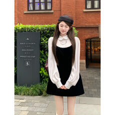 批发实价有货甜美温柔风白色娃娃领打底衫叠穿收腰吊带<b class='q'>连衣裙</b>两件套