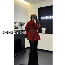 批发实价有货巨好看冬<b class='q'>装</b>一整套圣诞节红色收腰翻领外套微喇牛仔<b class='q'>裤</b>套<b class='q'>装</b>