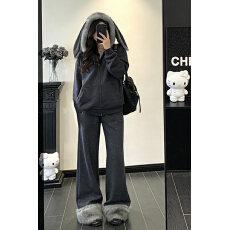 批发实价有货韩系兔耳朵连帽毛绒长袖外套女秋冬新款毛毛<b class='q'>休闲裤</b>两件套