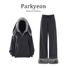 批发实价有货韩系兔耳朵连帽毛绒长袖外套女秋冬新款毛毛<b class='q'>休闲裤</b>两件套