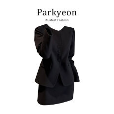 批发实价有货小香风黑色长袖西装外套女秋冬新款半身短裙通勤两件套装