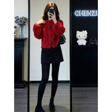 批发实价有货温柔甜美风红色<b class='q'>短</b>款针织开衫上衣高腰半身裙裤两件套