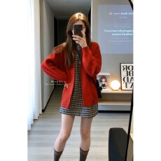 批发实价有货温柔风穿搭红色针织开衫毛衣格纹圆领<b class='q'>连衣裙</b>两件套女