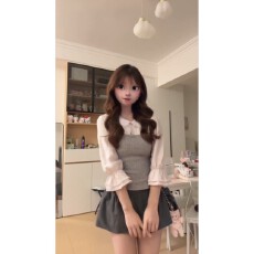 批发实价有货温柔风拼接<b class='q'>假两件</b>娃娃领<b class='q'>衬衫</b>女秋冬穿搭高腰半身裙短裙