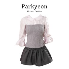 批发实价有货温柔风拼接<b class='q'>假两件</b>娃娃领<b class='q'>衬衫</b>女秋冬穿搭高腰半身裙短裙