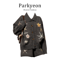 批发实价有货慵懒风休闲灰色针织套装冬季小个子新款上衣裤子两件套女