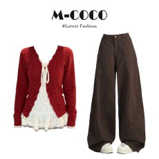 批发实价有货法式温柔风红色毛衣外套内搭打底衫阔腿<b class='q'>休闲裤</b>套装女