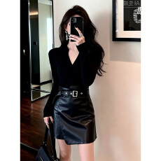 批发实价有货性感辣妹V领修身显瘦<b class='q'>针织衫</b>上衣高腰A字半身裙套装女