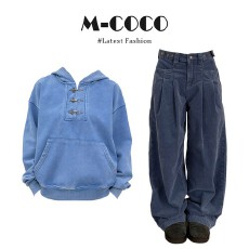 批发实价有货休闲慵懒风宽松水洗做旧长袖卫衣垂感阔腿拖地裤套装女