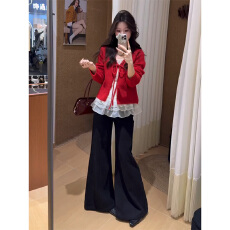 批发实价有货甜美风红色开衫搭打底<b class='q'>上衣</b>女2025秋冬新款高腰牛仔<b class='q'>裤</b>套<b class='q'>装</b>