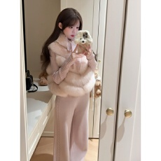 批发实价有货<b class='q'>甜美</b>风毛绒马甲叠穿针织衫上衣女春秋新款休闲裤套装