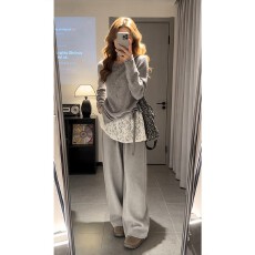 批发实价有货温柔风灰色蕾丝拼接卫衣女2026早春新款宽松阔腿裤两件套