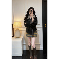 实价有货美式辣妹风毛领长袖棉服外套女秋冬设计感格子连衣裙套装