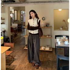 批发实价有货慵懒松弛感立领针织马甲叠穿修身打底衫高腰阔腿裤套装