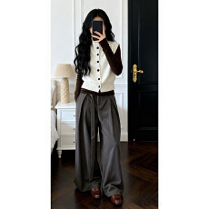 批发实价有货慵懒松弛感立领针织马甲叠穿修身打底衫高腰阔腿裤套装