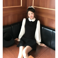 批发实价有货春秋轻奢感白色衬衫叠穿上衣女黑色<b class='q'>丝绒</b>背心连衣裙<b class='q'>套装</b>