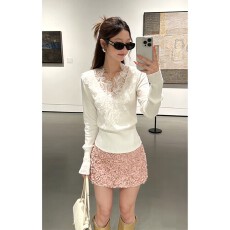 批发实价有货法式温柔风绿色修身<b class='q'>针织</b>开衫上衣高腰A字半身裙两件套