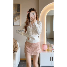 批发实价有货法式温柔风绿色修身<b class='q'>针织</b>开衫上衣高腰A字半身裙两件套