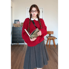 批发实价有货复古温柔风超好看红色针织衫内搭上衣百褶半身<b class='q'>裙</b>套装女