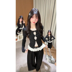 批发实价有货韩系穿搭蕾丝拼接波点T恤上衣女假两件花边<b class='q'>休闲</b>裤套装