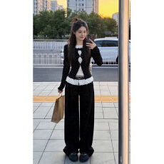 批发实价有货韩系穿搭蕾丝拼接波点T恤上衣女假两件花边<b class='q'>休闲</b>裤套装